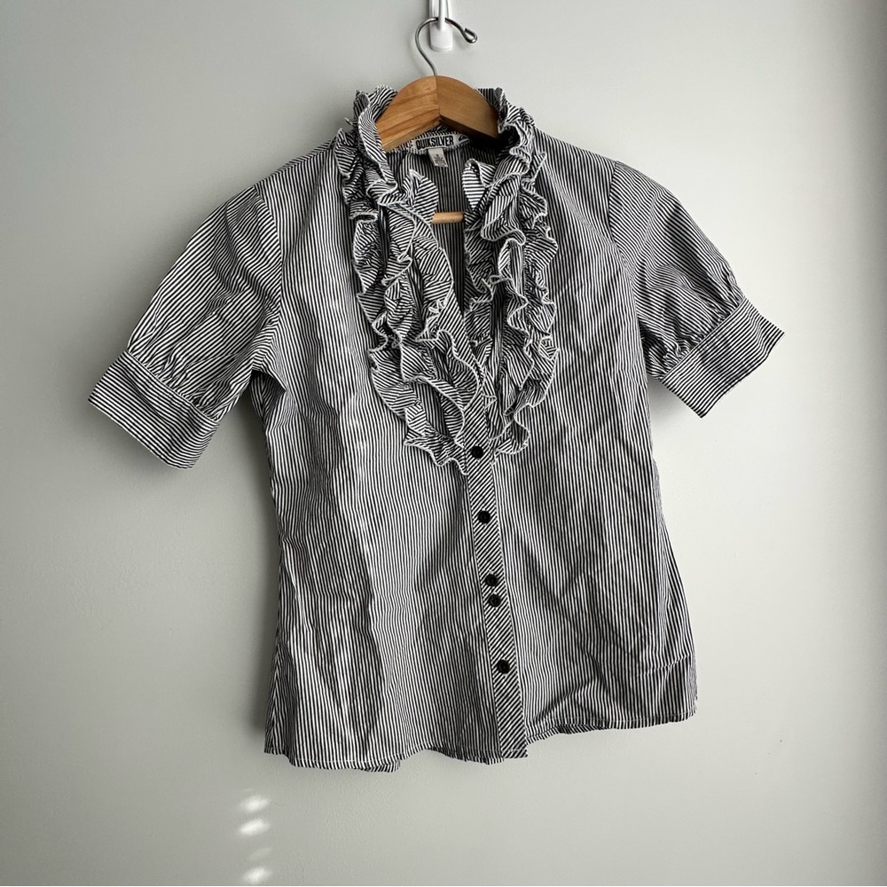 Y2K Quicksilver Women Striped Ruffle Detailed Button Down Dress Shirt S